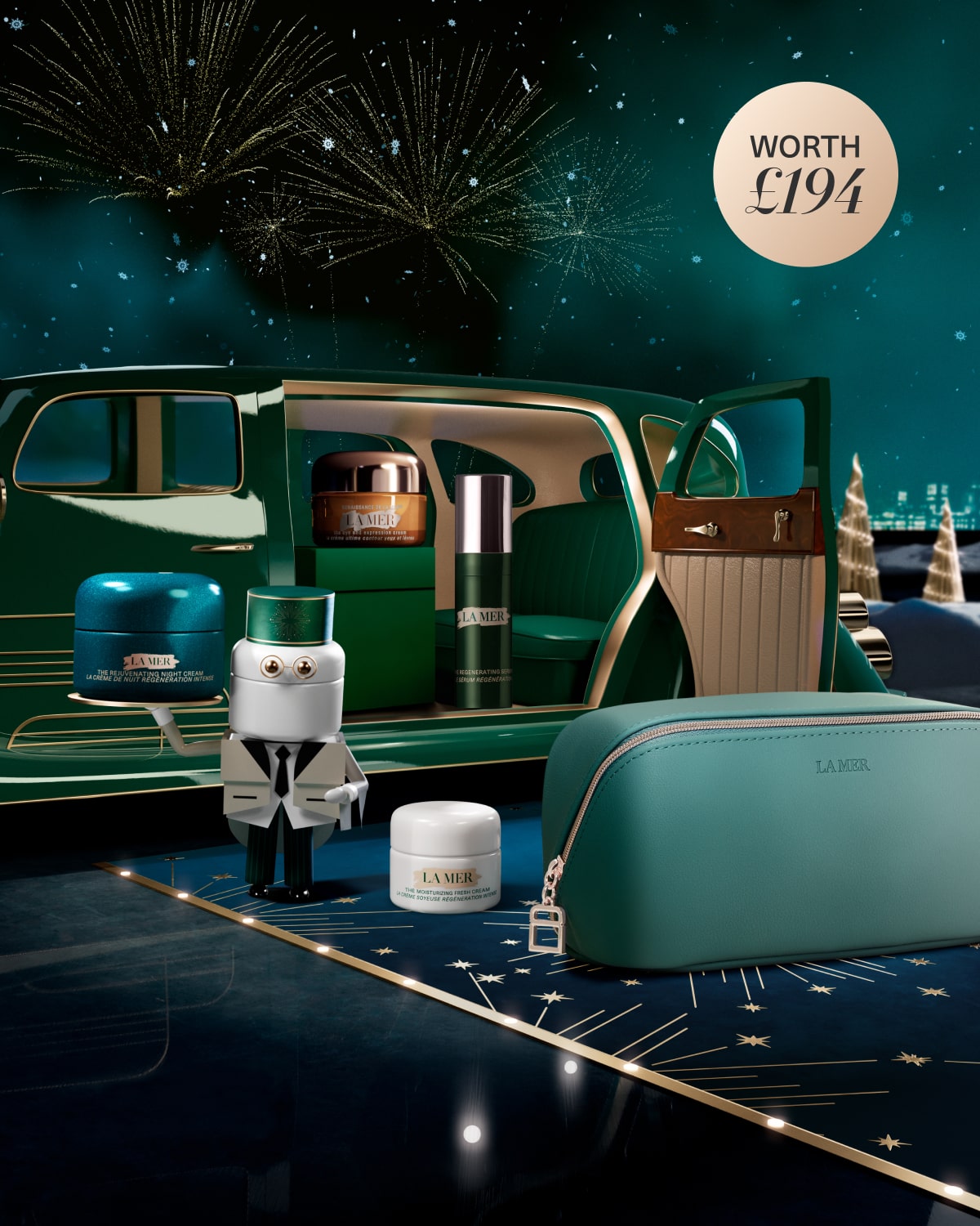 3 separate La Mer lip products nestled in snow, next to La Mer attendant caricature, with animated snow falling from the sky