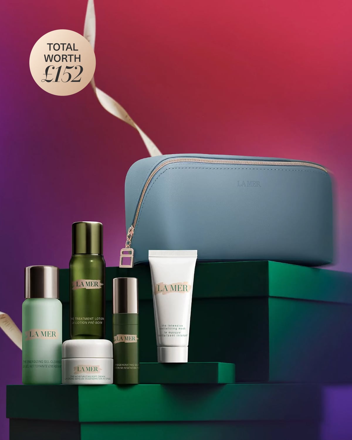 Valentine 6 piece gift including hydrating heroes, and signature green bag and green headband, against gradient pink background 