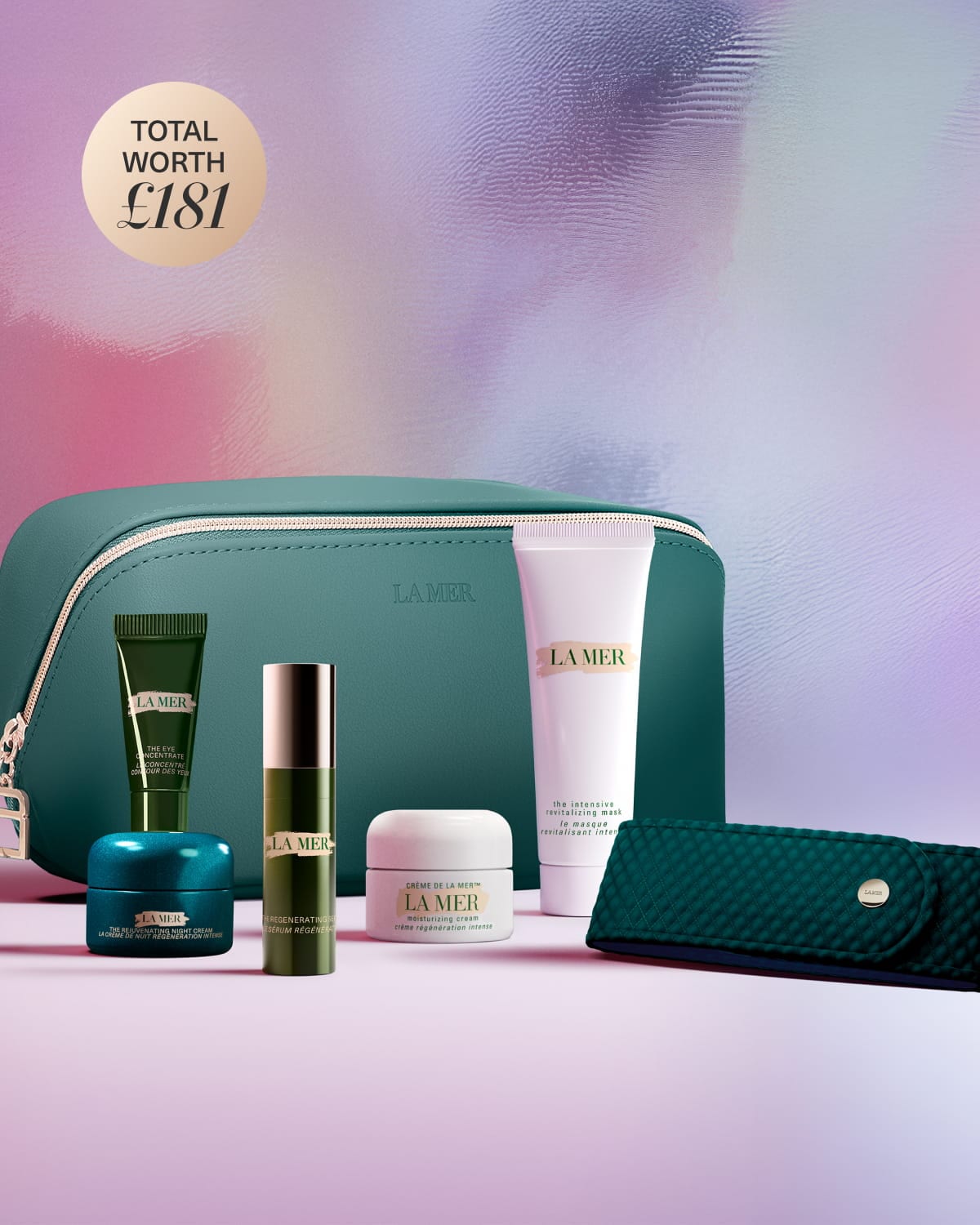 Valentines 6 piece gift including hydrating heroes and iconic green bag with a green headband with a pink gradient background 