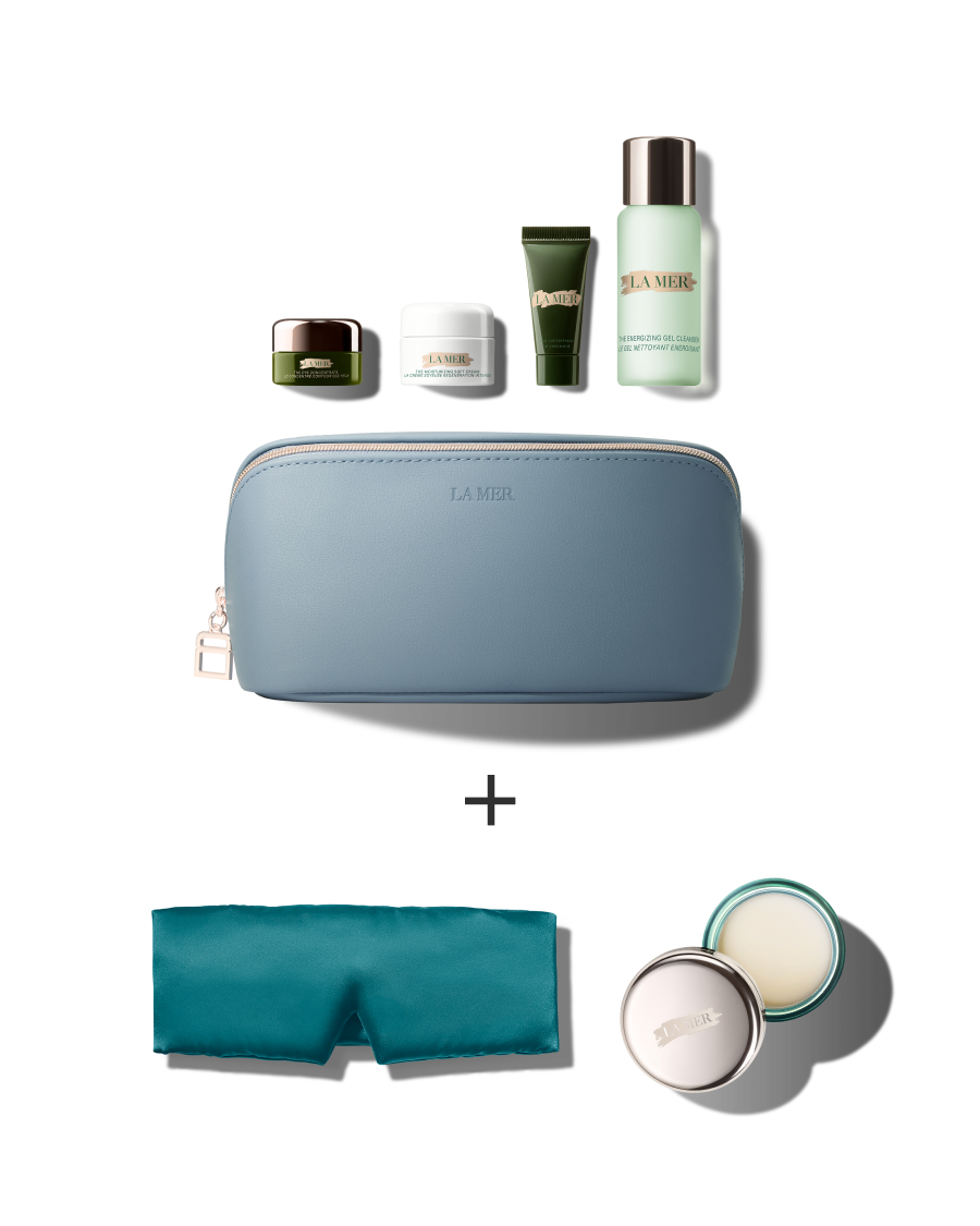 3 separate La Mer lip products nestled in snow, next to La Mer attendant caricature, with animated snow falling from the sky